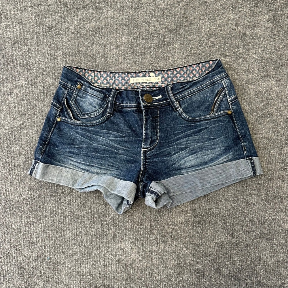 The First Denim Shorts Womens Size 36 Dark Wash Cuffed Low Rise Zipper Detail